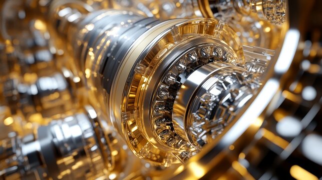 A 3D image shows a futuristic, gold and silver quantum computer.  It's designed with intricate details, suggesting advanced technology and parallel processing.
