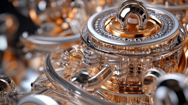 A 3D image shows a futuristic, gold and silver quantum computer.  It's designed with intricate details, suggesting advanced technology and parallel processing.
