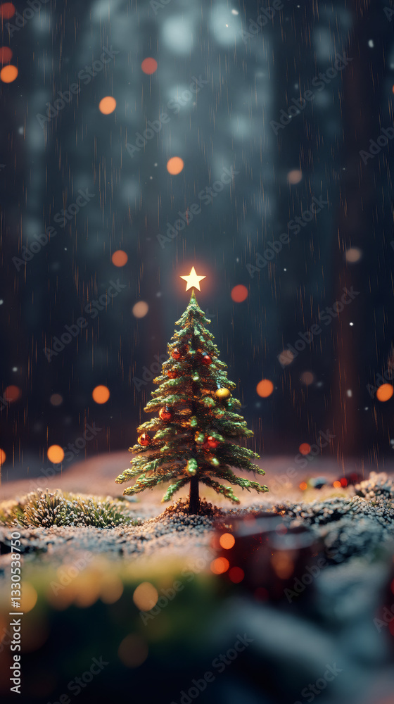 Poster tiny evergreen decorated with star, baubles sparkling amid snowy woodland, nocturnal snowflakes crea