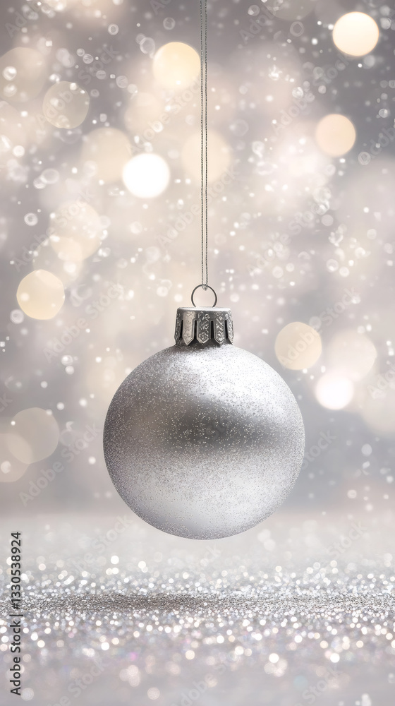 Poster Silver Christmas ornament suspended by delicate wire, reflecting light against shimmering backdrop with soft bokeh sparkle