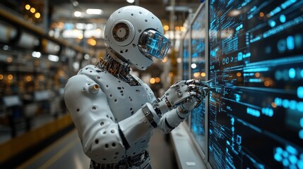 Fototapeta premium Robot analyzes data on digital screen in high-tech factory