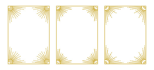 Geometry design borders with radiant corners. Art Deco vintage style frame set. Retro geometric outline decorations. Linear gold colored elements. Paths are not expanded. EPS 10 vector illustration.