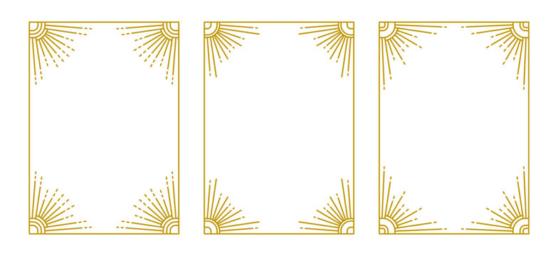 Geometry design borders with radiant corners. Art Deco vintage style frame set. Retro geometric outline decorations. Linear gold colored elements. Paths are not expanded. EPS 10 vector illustration.