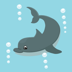 Funny vector illustration with cartoon swimming dolphin. Background with underwater animal character and air bubbles. Blue, grey and white colors. Print on fabric and paper. Design for card, banner.

