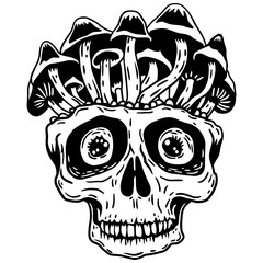 Hand-drawn skull with mushrooms growing from it. Black and white gothic silhouette, perfect for tattoos, stickers, t-shirts, clipart, and digital designs.