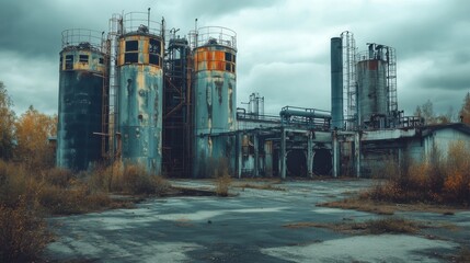 Abandoned Industrial Complex with Weathered Machinery and Clouds