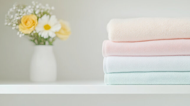 Fresh and clean spring cleaning concept with organized closet shelf and pastel towels