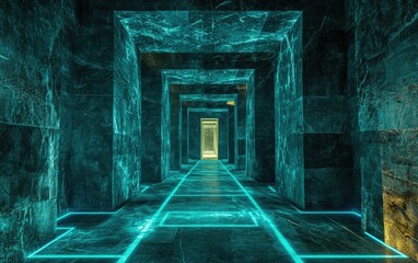 Fototapeta premium A futuristic corridor illuminated by glowing blue lines, leading to a bright doorway, surrounded by textured stone walls, creating an atmosphere of mystery and exploration