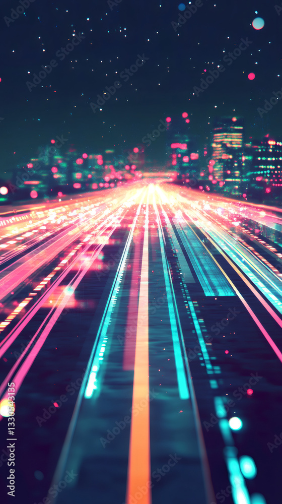 Poster Digital data stream flowing on a dark background towards blurred city lights, creating a futuristic cityscape by night