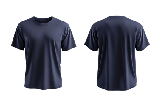 Front and back view of a simple dark blue t-shirt on a transparent background, PNG