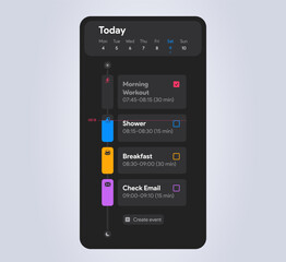 Mobile calendar interface template with scheduled events. Digital planner for task management, productivity, and organization. Dark phone mobile app interface. Editable vector illustration