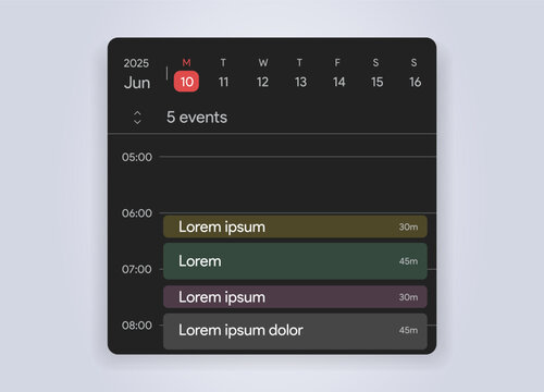 Mobile calendar interface template with scheduled events. Digital ios planner for task management, productivity, and organization. Dark iphone mobile app interface. Editable vector illustration.