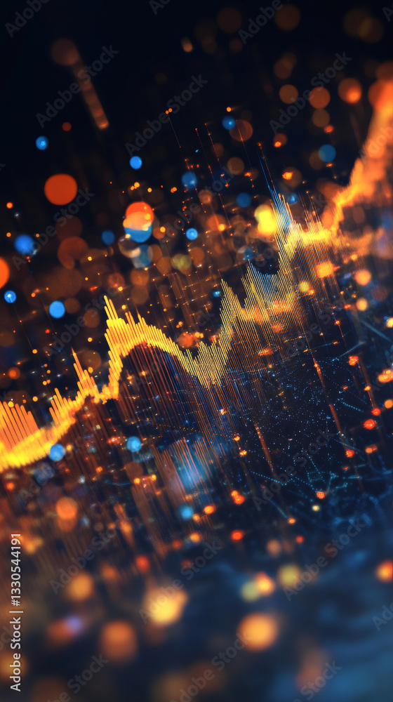 Poster Complex data visualization showing a golden data flow fluctuating, creating an abstract digital landscape