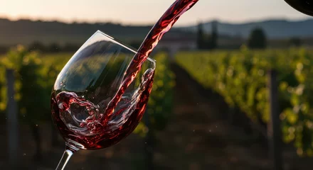 Papier peint photo intissé Pouring Red Wine Into Glass at Vineyard During Golden Sunset