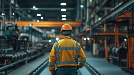Factory Supervisor in Safety Gear Walking Through Industrial Space