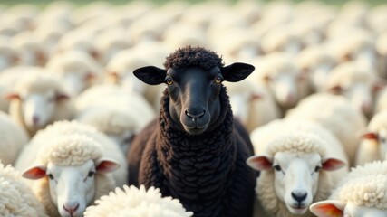 Fototapeta premium A unique black sheep standing out amidst a crowd of white sheep, highlighting individuality and diversity in a flock