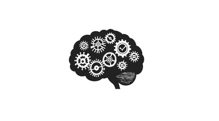 Brain with cogs, black and white, vector, illustration, retro, minimalist simple clean lines with printed look suitable for web print or icon