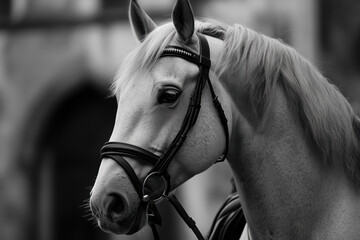 Black and white portrait of white horse close-up