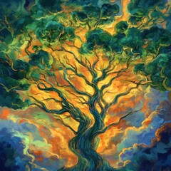 Fototapeta premium A vibrant and artistic rendering of a detailed tree with sky