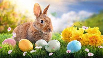 Adorable Bunny With Easter Eggs In Flowery Meadow	
