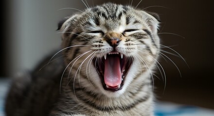 A close-up of a yawning kitten with its mouth wide open, showing tiny sharp teeth and a pink tongue. The fur is soft and fluffy, with detailed whiskers. The image captures an adorable moment of a youn