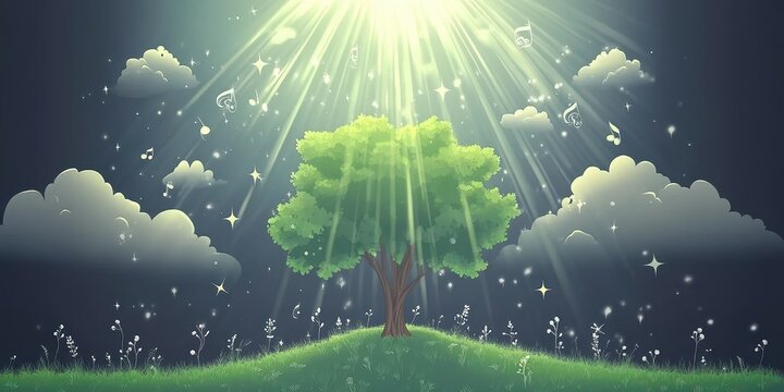 A radiant tree under luminous light with musical notes and clouds