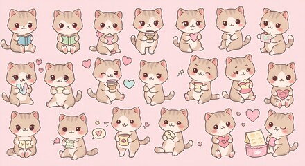 A set of adorable chibi-style cartoon cats expressing different emotions and performing various activities, drawn in a pastel pink color palette. The cats have big eyes and rounded bodies, making them