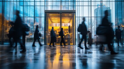 Abstract business people motion blur entering office building, modern architecture, dynamic commuters urban scene