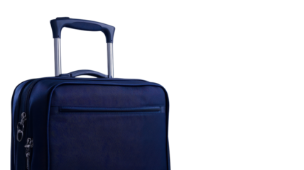 Dark blue suitcase with retractable handle ready for travel at the airport terminal on a busy day