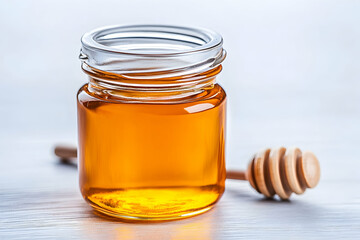 Honey in a glass jar with a wooden dipper