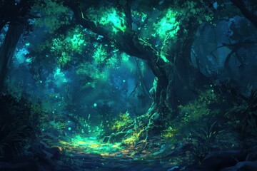 A mystical and beautiful glowing forest scene at night