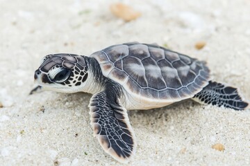 Fototapeta premium Tiny Baby Sea Turtle Navigating Shallow Waters