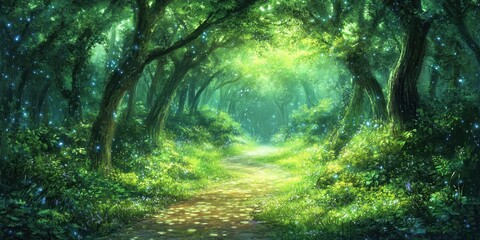 Obraz premium A beautiful lush forest scene with a path leading through it