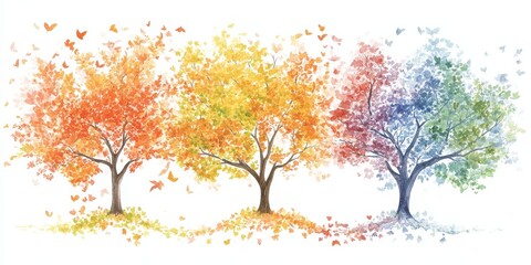 Watercolor painting illustrating the beauty and changes of seasons on trees