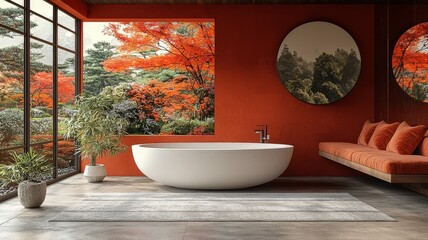 Fototapeta premium Modern bathroom oasis featuring a sleek white bathtub, vibrant orange walls, and panoramic views of autumn foliage for a serene and stylish retreat.