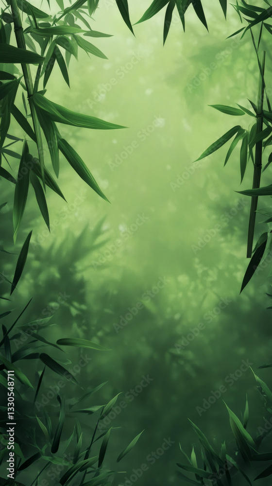 Poster bamboo branches frame a misty, ethereal scene in a lush green forest, creating a tranquil and natura