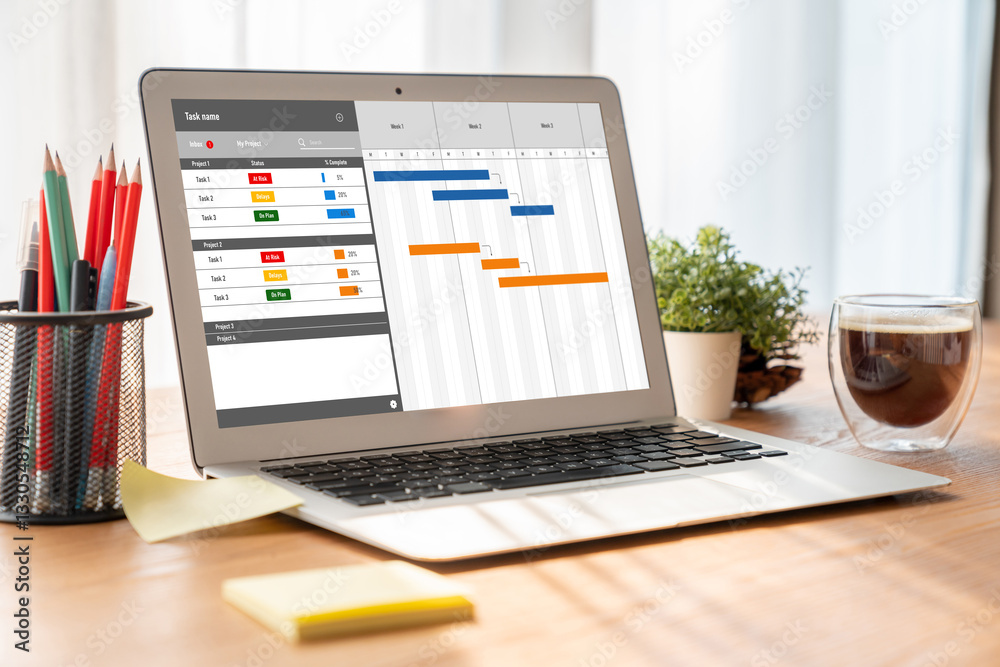 Poster project planning software for modish business project management on the computer screen showing time