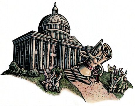 rolled-up bill climbing capitol steps in Washington DC