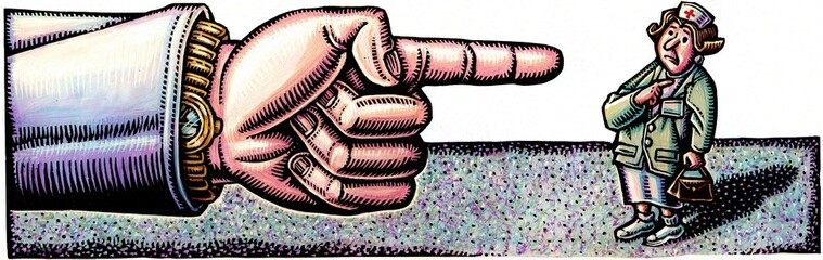 giant arm and hand pointing at surprised nurse