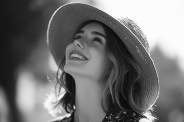 Smiling Hispanic woman in sunhat gazing upward in black and white, joy, contentment, freckles, summer, light, sun, beauty