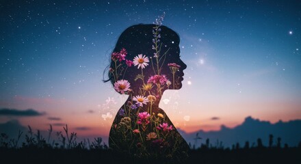 Silhouette of a Woman with Flowers in a Starry Night Sky