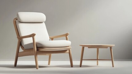 Modern wooden armchair and side table in a minimalist setting