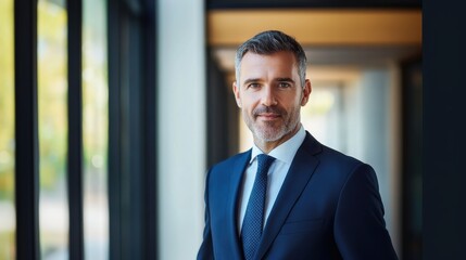 Fototapeta premium Focused businessman poses indoors wearing suit and tie with a modern design