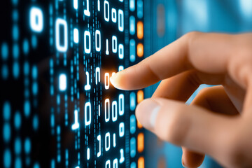 Futuristic Binary Code Transforming With a Hand Reaching out to Interact