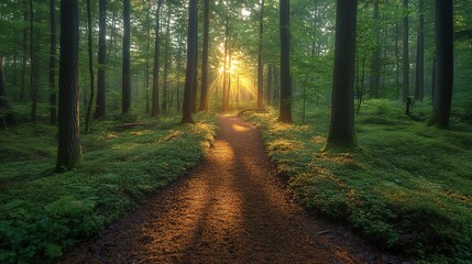 Obraz premium Spring Hike Print: Immersive Forest Trail with Warm Light Filtering through Trees at 16:9 Aspect Ratio