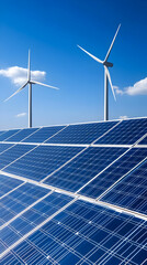 Sustainable energy sources, solar panels and wind turbines against a clear blue sky