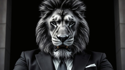 Fototapeta premium Black and White Lion: A Lion in Business Attire