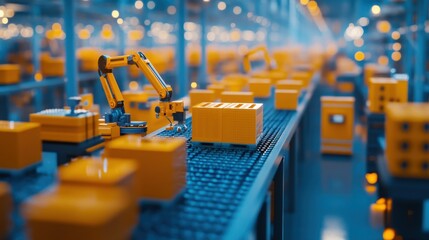 Automated Robotics in Modern Warehouse with Yellow Packages and Lighting