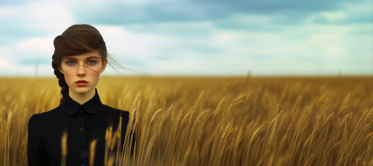 Young woman with braided hair in a black dress standing in a golden wheat field under a cloudy sky. Copy space. Natural beauty and rural life concept.