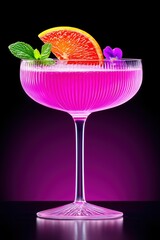 Vibrant pink cocktail in a ribbed glass, garnished with a citrus slice, mint leaves, and a violet flower. Luxury cocktail and mixology concept.
